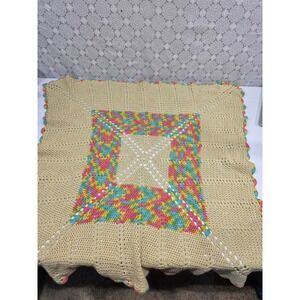 Handmade Crochet Square Blanket Afghan Rainbow Center Beige Edging 30"x32"